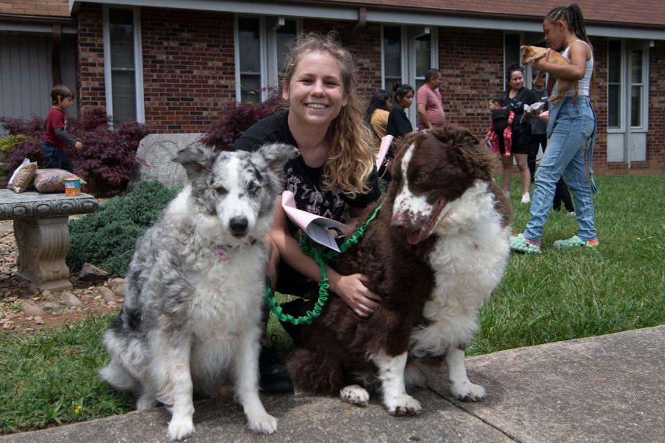Katerina Dougherty, 26, from Fletcher, was sitting with sibling Australian Shepherds Boomer and Pepper, who posed politely for photos at her direction.