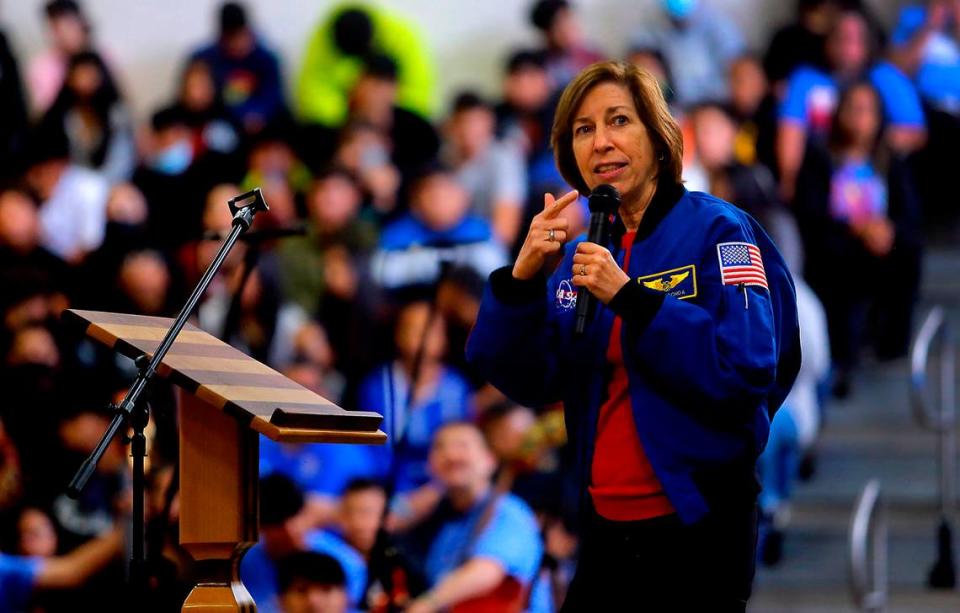 Ellen Ochoa, veteran astronaut and former director of NASA’s Johnson Space Center, tells students of the Pasco middle school that is her namesake about space travel during a morning assembly during her fifth visit to the school since it opened in 2002.