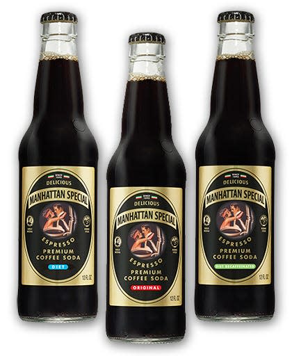 Three types of Manhattan Special espresso soda, original, diet, and diet decaffeinated, appear against a white background.