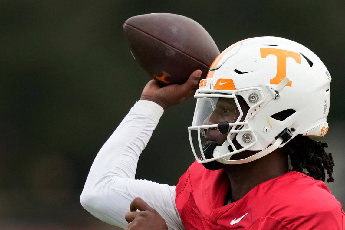 Tennessee Volunteers quarterback Joe Milton III (7) throws a pass during a practice session ahead of the 2022 Orange Bowl, Tuesday, Dec. 27, 2022, in Miami Shores, Fla. Tennessee will face the Clemson Tigers in the Orange Bowl on Friday, Dec. 30.