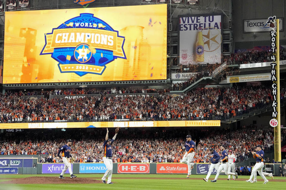 The Houston Astros celebrate their 4-1 World Series win against the Philadelphia Phillies in Game 6 on Saturday, Nov. 5, 2022, in Houston. (AP Photo/David J. Phillip)