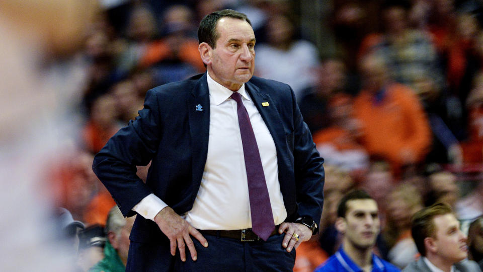 Duke head coach Mike Krzyzewski watches from the bench during the second half of an NCAA college basketball game against Syracuse in Syracuse, N.Y., Saturday, Feb. 1, 2020. Duke beat Syracuse 97-88. (AP Photo/Adrian Kraus)