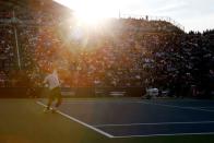 Sep 5, 2016; New York, NY, USA; Kei Nishikori of Japan serves to Ivo Karlovic of Croatia on day eight of the 2016 U.S. Open tennis tournament at USTA Billie Jean King National Tennis Center. Mandatory Credit: Jerry Lai-USA TODAY Sports