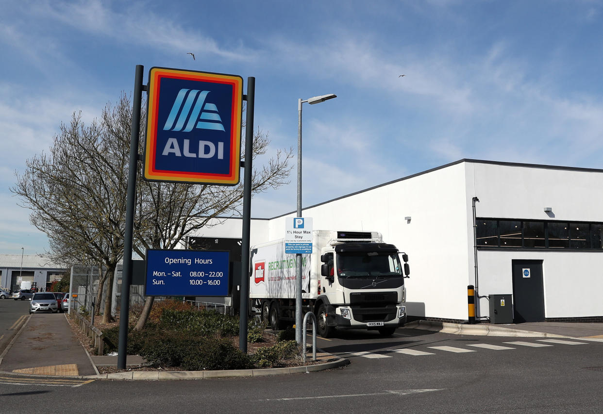 AYLESBURY, ENGLAND - MARCH 23: A lorry delivers to an Aldi supermarket on March 23, 2020 in Aylesbury, England. Coronavirus (COVID-19) pandemic has spread to at least 182 countries, claiming over 10,000 lives and infecting people hundreds of thousands more. (Photo by Catherine Ivill/Getty Images)