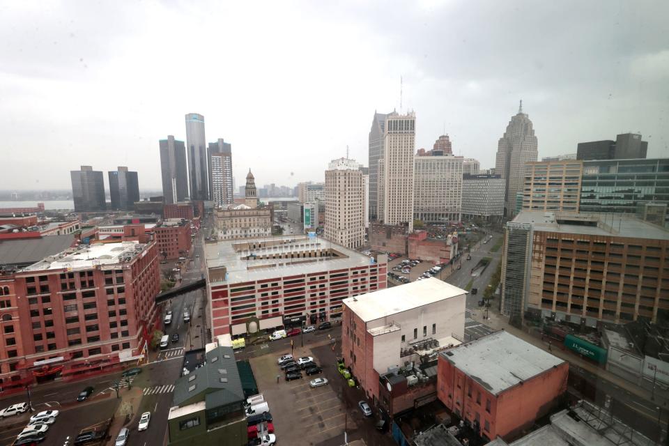 A view from one of the bedrooms in a condominium on the 15th floor at the Exchange in Detroit on Friday, April 28, 2023. The condo and apartment building off of Gratiot Avenue near Greektown will be open and occupied in early July of 2023.