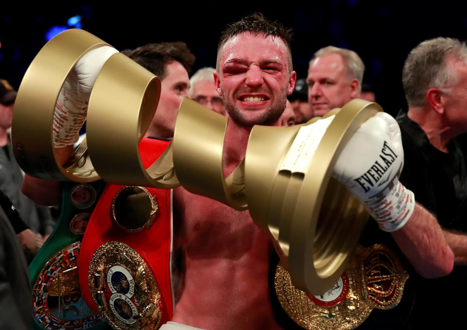 Boxing - Regis Prograis v Josh Taylor - WBSS Final & WBA World, WBC Diamond, IBF World & WBC Silver Super-Lightweight Titles - O2 Arena, London, Britain - October 26, 2019   Josh Taylor celebrates winning his fight against Regis Prograis   Action Images via Reuters/Andrew Couldridge