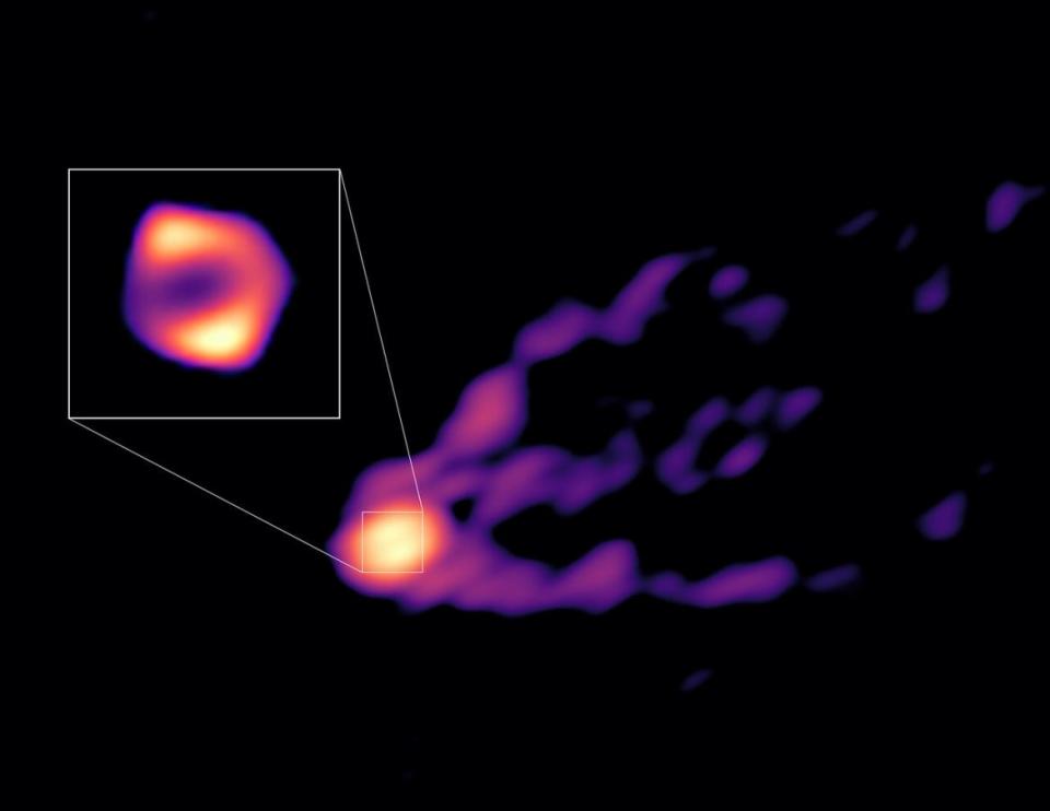 <div class="inline-image__title">A view of the jet and shadow of M87’s black hole</div> <div class="inline-image__caption"><p>The jet and shadow of the black hole at the center of the M87 galaxy shown together for the first time. </p></div> <div class="inline-image__credit">R.-S. Lu (SHAO), E. Ros (MPIfR),</div>