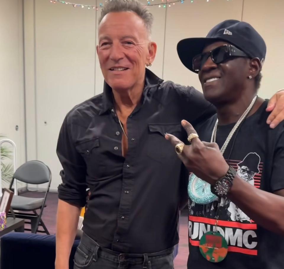 Bruce Springsteen meets Flavor Flav, member of the legendary hip-hop group Public Enemy, backstage in the T-Mobile Arena at the E Street Band's Friday, March 22 Las Vegas show.