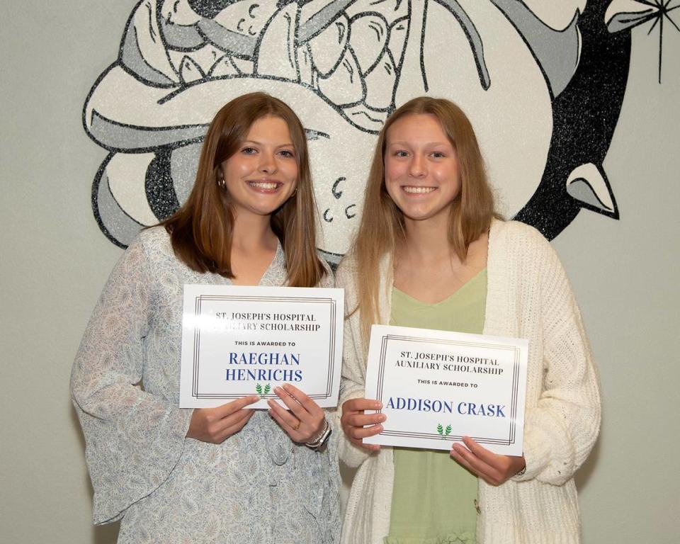 Pictured left to right: Highland High School graduates Raeghan Henrichs and Addison Crask were recently named the recipients of a $2,000 scholarship each from HSHS St. Joseph’s Hospital Highland Auxiliary.