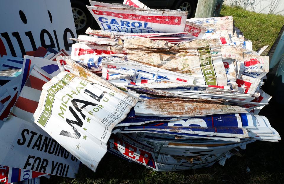 Post-election campaign yard signs are readied to be shipped to Alabama in 2020. This year, the League of Women Voters is partnering with an Orlando company, PureCycle Technologies, Inc., to recycle signs from across Volusia, Seminole and Orange counties.