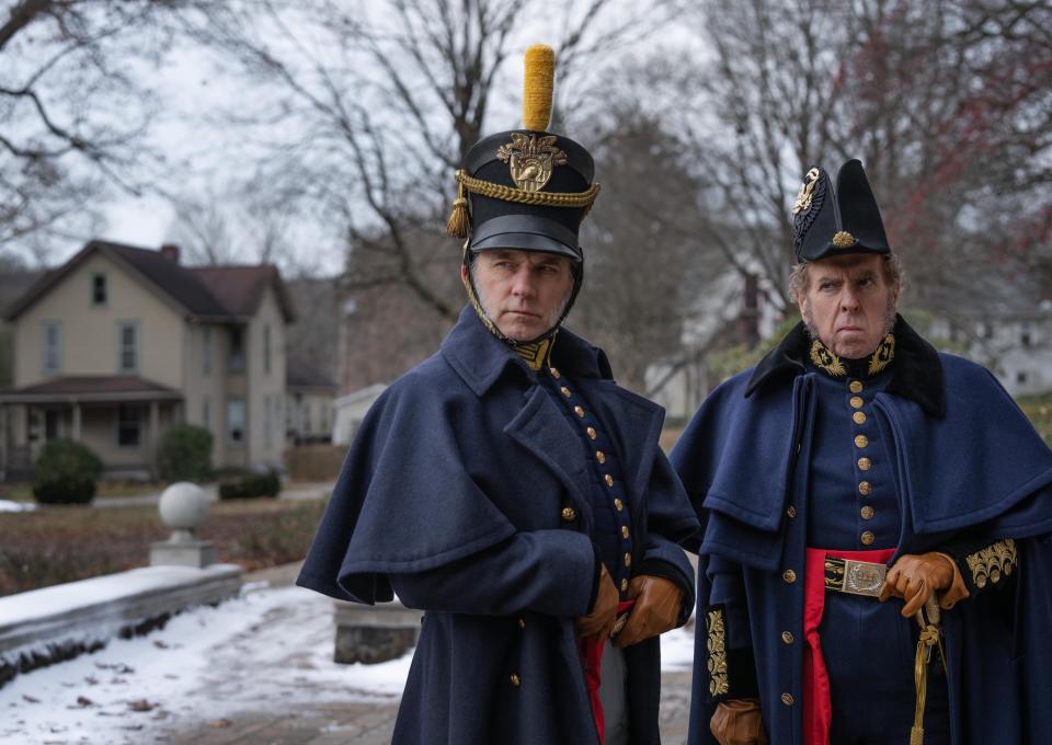 Simon McBurney as Captain Hitchcock and Timothy Spall as Braintree's Sylvanus Thayer in "The Pale Blue Eye."