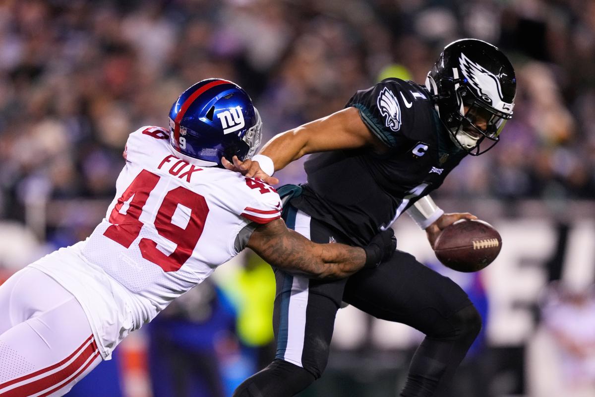 New York Giants linebacker Tomon Fox (49) walks off the field