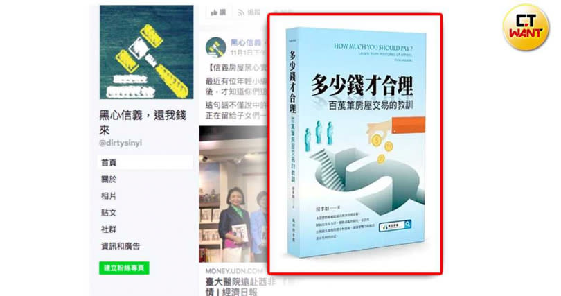 「黑心信義還我錢來」臉書粉絲團版主房孝如，曾出版「多少錢才合理、百萬筆房屋交易的教訓」一書，提醒民眾注意實價登錄問題。（圖／翻攝網路，CTWANT合成）