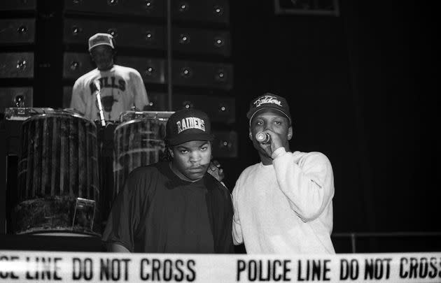 Rappers Ice Cube and MC Ren from N.W.A. performs during the 'Straight Outta Compton' tour at the Genesis Convention Center in Gary, Indiana in July 1989. Credit: Raymond Boyd/Getty Images