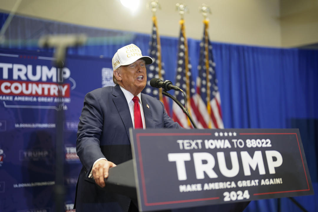 Trump speaks at a campaign event in Indianola, Iowa, Sunday. (Jabin Botsford/The Washington Post via Getty Images)