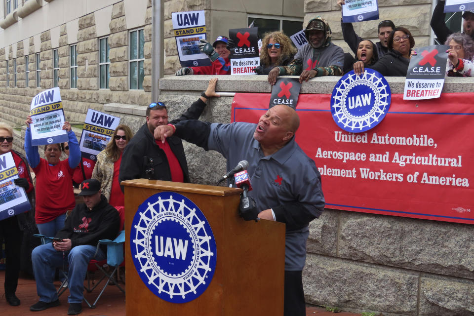 Lamont White, a dealer at Atlantic City's Borgata casino, speaks during an anti-smoking rally in Trenton, N.J. on April 5, 2024. A national anti-smoking group and a Michigan health system are enlisting shareholders of major gambling companies including Boyd Gaming, Bally's, and Caesars Entertainment to push the companies to study the financial effects of eliminating smoking in their casinos. (AP Photo/Wayne Parry)