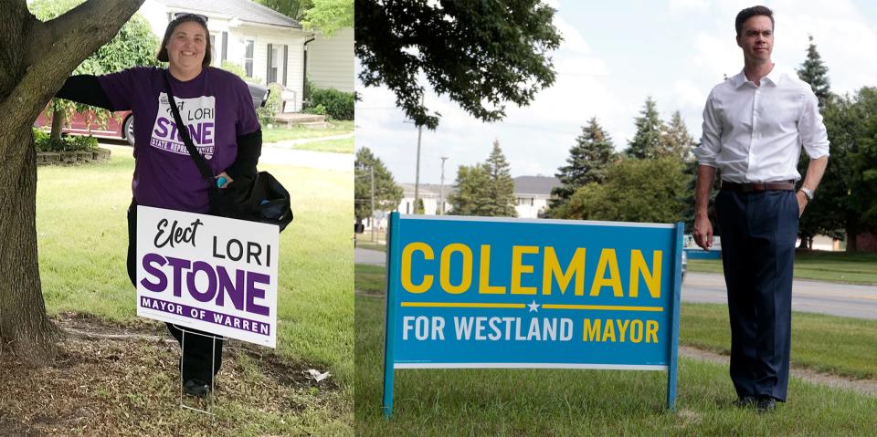 State Rep. Lori Stone, D-Warren, poses with her campaign sign as she knocks on voters doors to ask for their support for her mayoral bid on June 12, 2023. At left, Rep. Kevin Coleman of the 15th District with one of the many campaign signs in Westland on Thursday, July 6, 2023. Both won their 2023 mayoral elections, temporarily leaving Democrats in the state House without a majority.