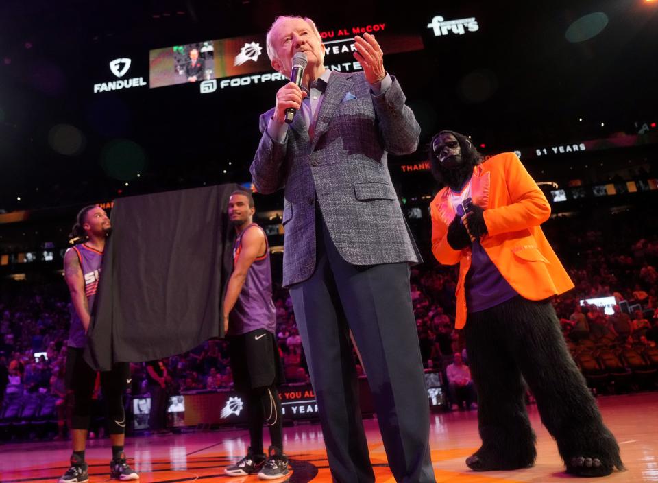 Apr 9, 2023; Phoenix, AZ, USA; Al McCoy is  honored for 51 seasons as 'Voice of The Suns' during halftime of their game against the Los Angeles Clippers at Footprint Center.