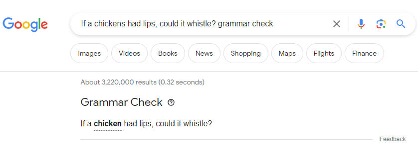 Google Search grammar check example