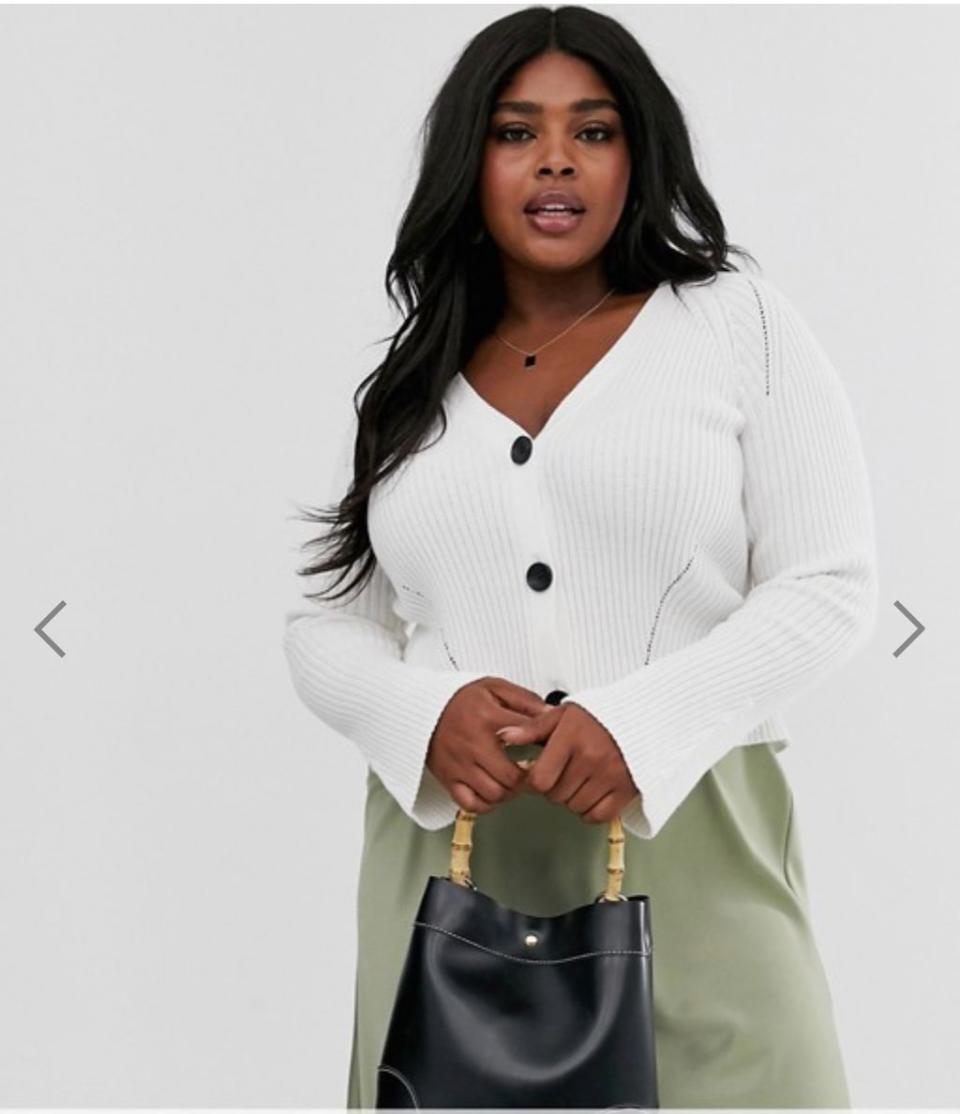 Get the <a href="https://www.asos.com/us/asos-curve/asos-design-curve-cropped-boyfriend-cardigan-in-rib/prd/11692358?clr=cream&amp;colourWayId=16430906&amp;SearchQuery=asos%20curve%20cardigan" target="_blank" rel="noopener noreferrer">Asos Design curve cropped boyfriend cardigan for $45</a>.