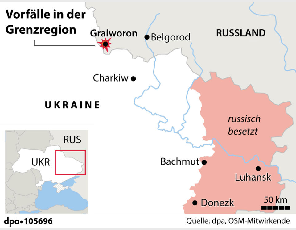 "Vorfälle im ukrainisch-russischen Grenzgebiet (im Oblast Belgorod)", Grafik: A. Brühl, Redaktion: D. Loesche