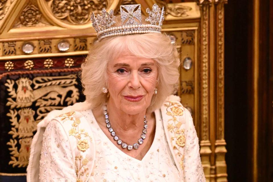 <p>Leon Neal/Getty Images</p> Queen Camilla at the State Opening of Parliament on Nov 7, 2023