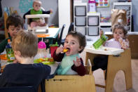 Preschoolers eat lunch at a day care center, Monday, Oct. 25, 2021, in Mountlake Terrace, Wash. Child care centers once operated under the promise that it would always be there when parents have to work. Now, each teacher resignation, coronavirus exposure, and day care center closure reveals an industry on the brink, with wide-reaching implications for an entire economy's workforce. (AP Photo/Elaine Thompson)