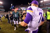 <p>Philadelphia Eagles quarterback Nick Foles (9) shakes hands with Minnesota Vikings quarterback Case Keenum (7) after the NFC Championship game at Lincoln Financial Field. Mandatory Credit: Eric Hartline-USA TODAY Sports </p>