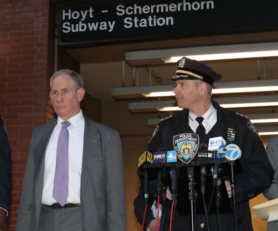 MTA chairman Janno Lieber and NYPD Transit division chief Michael Kemper address reporters assembled outside of the Hoyt-Schemerhorn station after a fight-turned-shooting aboard a train arriving there left one man badly injured. William C Lopez/New York Post
