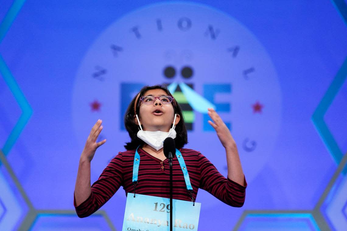 Ananya Rao Prassanna reacts as she competes during the Scripps National Spelling Bee on May 31, 2022, in Oxon Hill, Md. Ananya, now 12, has qualified again to compete in the 2023 Scripps Bee.