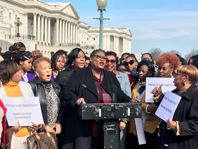 Melanie Campbell, (center) president of the National Coalition on Black Civic Participation, talked to a group of Black women March 5, 2020 in front of the U.S. Capitol. The women were attending a conference focused on issues including the Census, voting rights and health care.