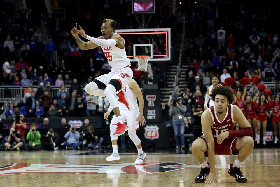 Texas Tech's Adonis Arms (25) celebrates after a 56-55 win against OU in the Big 12 Tournament semifinals Friday night at T-Mobile Center in Kansas City, Mo.