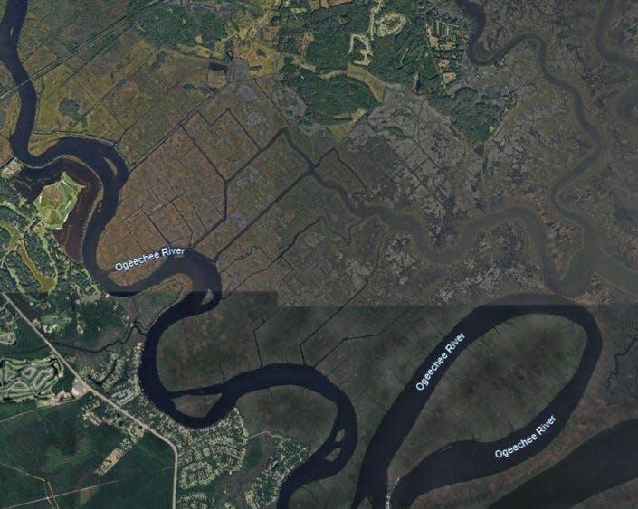 Former rice plantations along the Ogeechee River in Bryan and Chatham counties are identifiable by their human-made canals and ditches, which generally are straight while natural tidal creeks are serpentine.