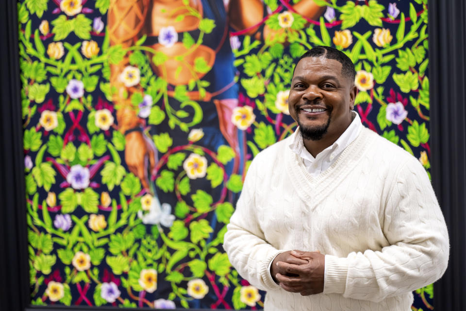 Kehinde Wiley poses for a portrait at Sean Kelly Gallery, Thursday, April 27, 2023, in New York. (Photo by Charles Sykes/Invision/AP)