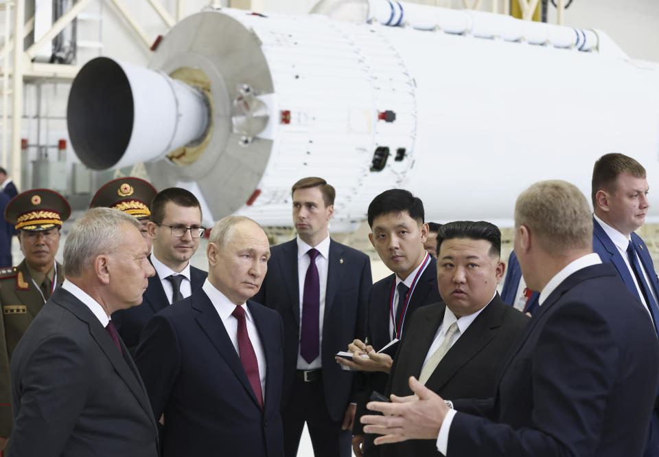 FILE - Russian President Vladimir Putin, second left in front, and North Korea's leader Kim Jong Un, second right in front, examine a rocket assembly hangar during their meeting at the Vostochny cosmodrome outside the city of Tsiolkovsky, about 200 kilometers (125 miles) from the city of Blagoveshchensk in the far eastern Amur region, Russia on Sept. 13, 2023. North Korea has likely supplied several types of missiles to Russia to support its war in Ukraine, along with its widely reported shipments of ammunition and shells, South Korea’s military said Thursday, Nov. 2, 2023. Russian Federal Space Corporation Roscosmos CEO Yuri Borisov is on the left. (Artyom Geodakyan, Sputnik, Kremlin Pool Photo via AP, File)