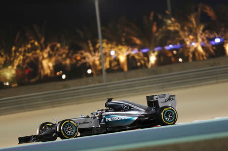 Mercedes Formula One Driver Lewis Hamilton of Britain drives during the second free practice ahead of Bahrain's F1 Grand Prix at Bahrain International Circuit, south of Manama, April 17, 2015. REUTERS/Ahmed Jadallah