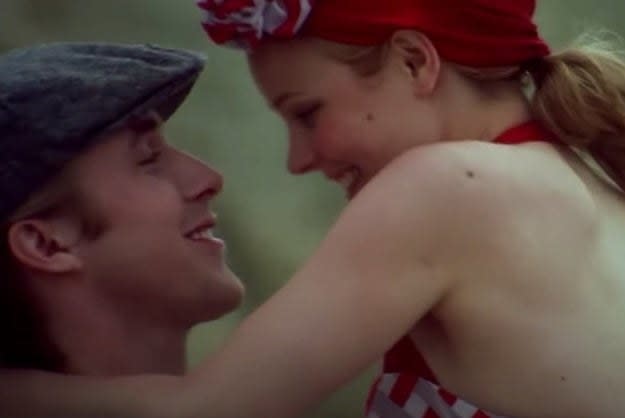 Ryan Gosling as Noah and Rachel McAdams as Allie smile as they visit the beach in "The Notebook"