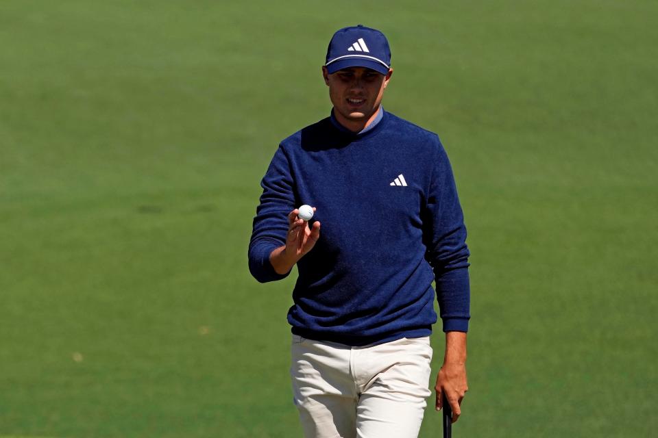 Apr 12, 2024; Augusta, Georgia, USA; Ludvig Aberg reacts to his putt on the second green during the second round of the Masters Tournament at Augusta National Golf Club. Mandatory Credit: Michael Madrid-USA TODAY Network