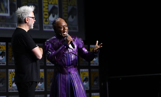 Director James Gunn and actor Chukwudi Iwuji, dressed in character, present footage from “Guardians of the Galaxy Vol. 3” at San Diego Comic-Con in 2022.