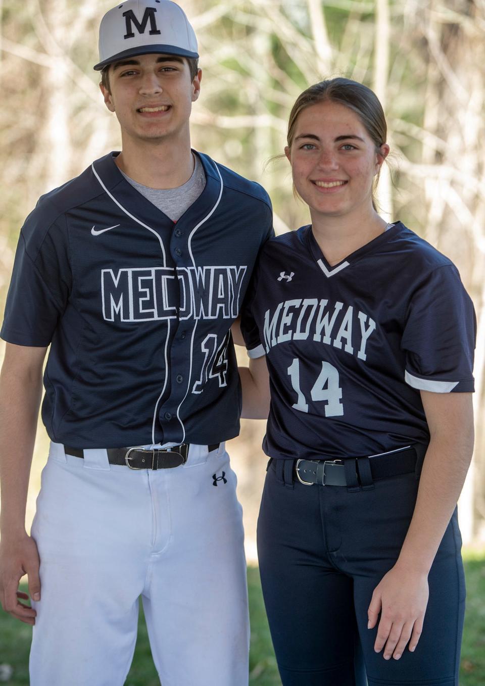 Medway High School juniors and twins Jason and Priya Bedard are each captains of their respective teams, softball and baseball, here before practice, April 9, 2024.