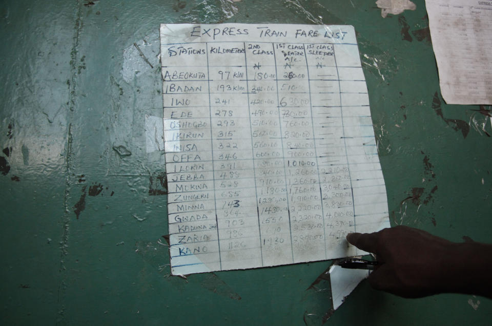 In this Photo taken, Friday, March . 8, 2013, a passengers check the fare of a train to Kano, at a terminal in Lagos, Nigeria. Nigeria reopened its train line to the north Dec. 21, marking the end of a $166 million project to rebuild portions of the abandoned line washed out years earlier. The state-owned China Civil Engineering Construction Corp. rebuilt the southern portion of the line, while a Nigerian company handled the rest. ( AP Photo/Sunday Alamba)