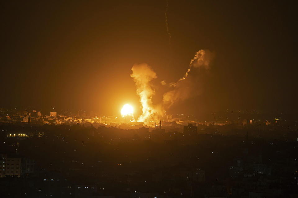 Fire and smoke rise following an Israeli airstrike in northern Gaza Strip, late Tuesday, May 2, 2023. The Israeli military said it had started airstrikes on Gaza targets, in response to earlier rocket salvos from the coastal strip, run by the militant Hamas group.(AP Photo/Fatima Shbair)