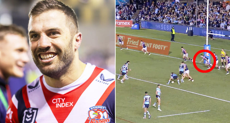 James Tedesco faced accusations he was offside when he charged down Nicho Hynes' attempt at field goal in the Roosters' 13-12 NRL finals win. Pic: Getty/Nine