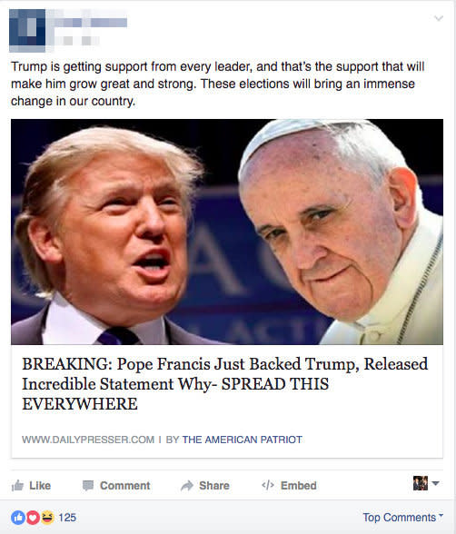 <a href="http://www.huffingtonpost.com/entry/pope-francis-election-advice_us_57f1eb0de4b0c2407cde7f5a">False</a>. Indeed,&nbsp;the pope&nbsp;said&nbsp;of Donald Trump earlier this year, "<a href="http://www.huffingtonpost.com/entry/pope-francis-donald-trump-christian_us_56c5f9c8e4b0c3c5505402d1">This man is not Christian</a>."