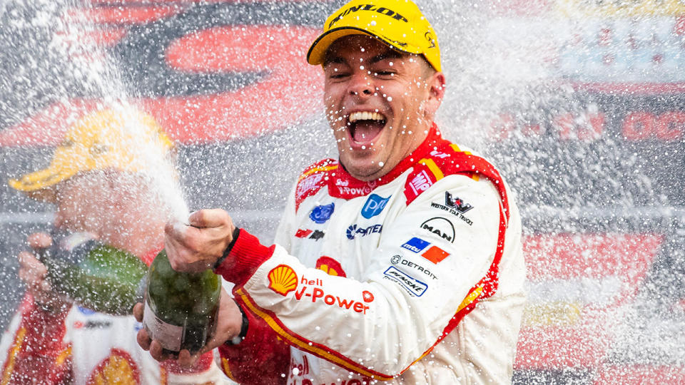 Scott McLaughlin, pictured here celebrating after winning the Bathurst 1000.