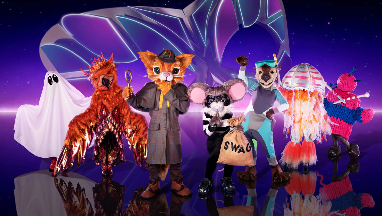 This image and the information contained herein is strictly embargoed until 20.00 Sunday 18th December 2022

From Bandicoot TV

The Masked Singer: SR4 on ITV1 and ITVX

Pictured: Ghost, Phoenix, Cat & Mouse, Otter, Jellyfish and Knitting.

This photograph is (C) ITV Plc/Bandicoot TV and can only be reproduced for editorial purposes directly in connection with the programme or event mentioned above, or ITV plc. Once made available by ITV plc Picture Desk, this photograph can be reproduced once only up until the transmission [TX] date and no reproduction fee will be charged. Any subsequent usage may incur a fee. This photograph must not be manipulated [excluding basic cropping] in a manner which alters the visual appearance of the person photographed deemed detrimental or inappropriate by ITV plc Picture Desk.  This photograph must not be syndicated to any other company, publication or website, or permanently archived, without the express written permission of ITV Picture Desk. Full Terms and conditions are available on the website www.itv.com/presscentre/itvpictures/terms

For further information please contact:
james.hilder@itv.com