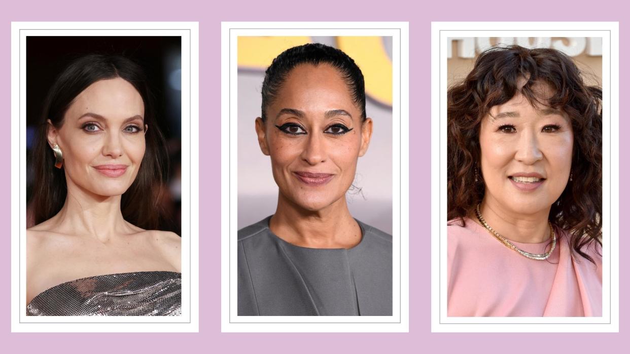  Angelina Jolie, Tracee Ellis Ross and Sandra Oh pictured wearing black eyeliner looks/ in a purple template. 