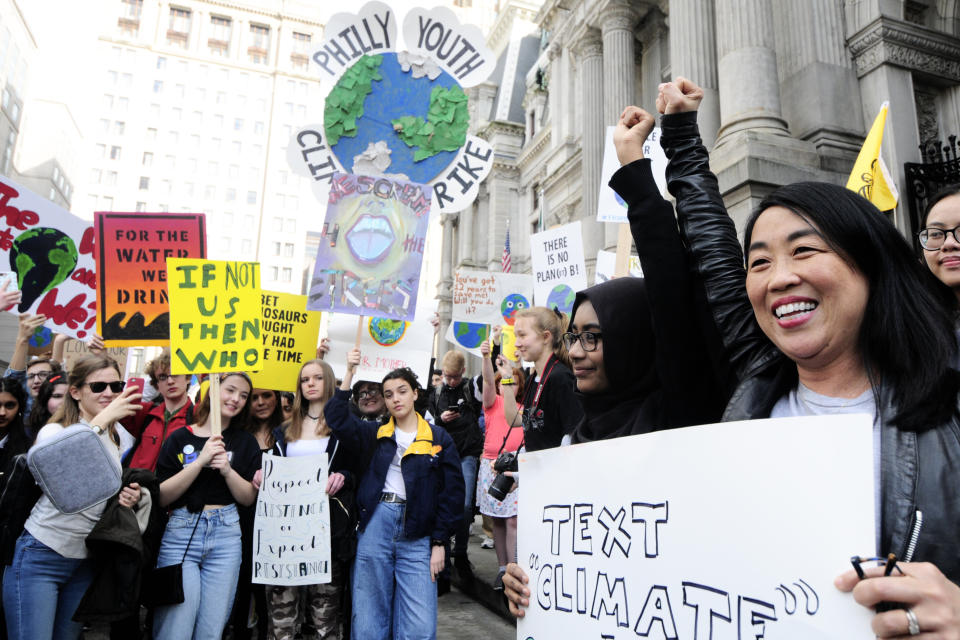 City Councilwoman Helen Gym, far right, rallies outside City Hall at the Climate Strike in Philadelphia on March 15. (Photo: NurPhoto via Getty Images)