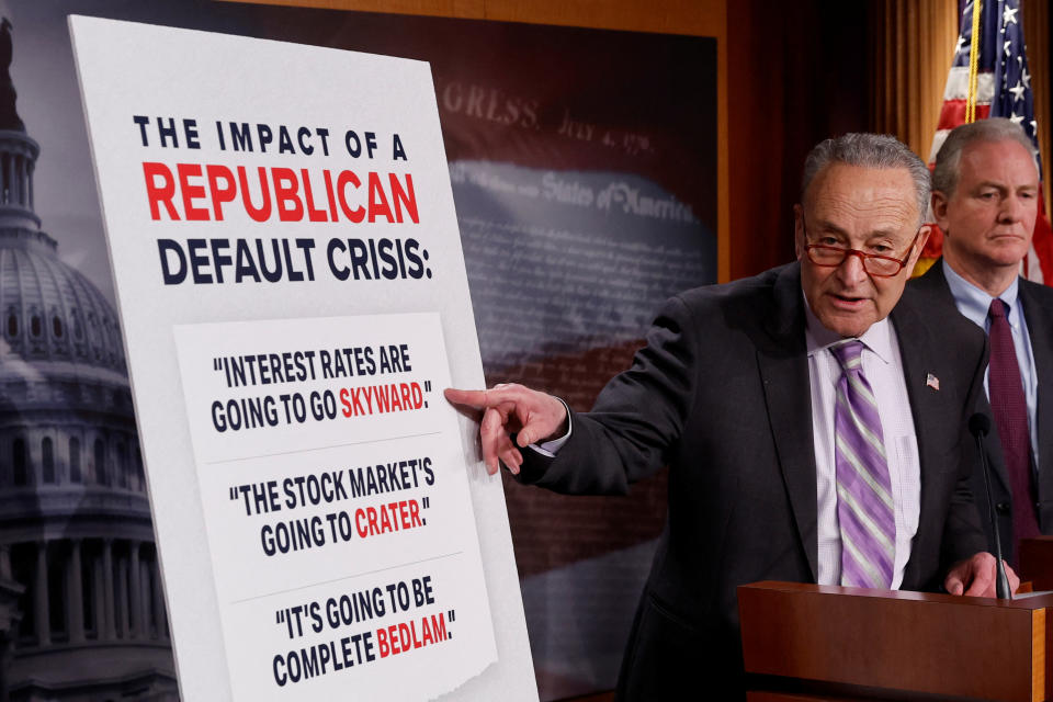 Senate Majority Leader Chuck Schumer holds a news conference on the looming debt ceiling issue at the U.S. Capitol on February 2, 2023. REUTERS/Jonathan Ernst