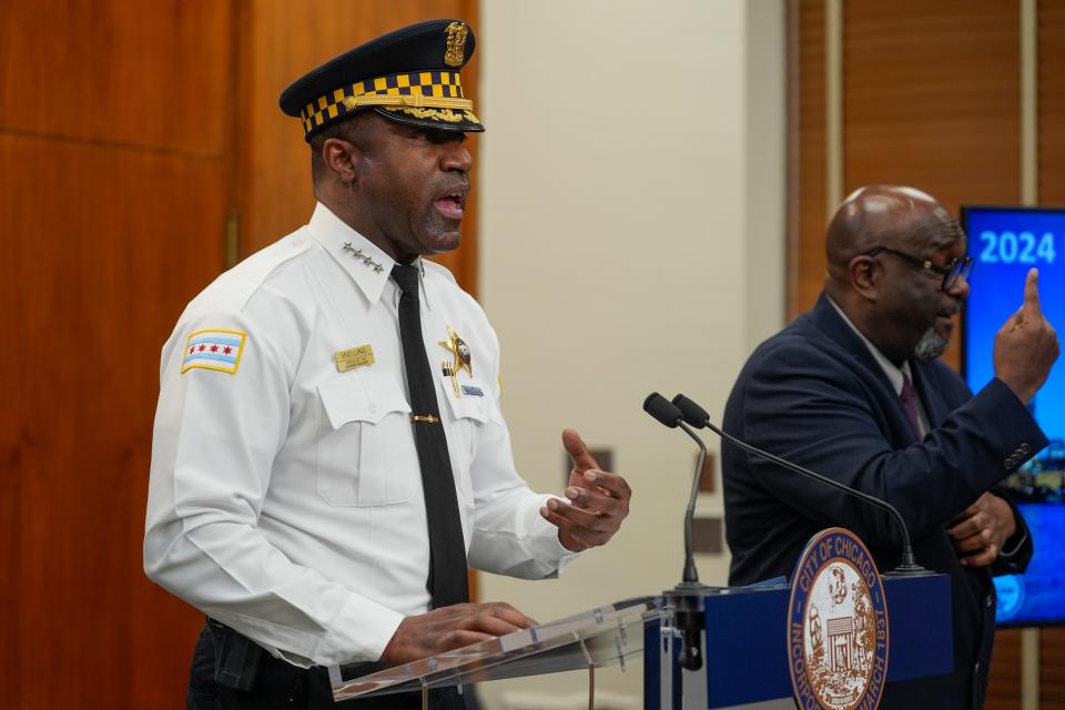 Chicago Police Superintendent Larry Snelling speaks during a press conference Wednesday, March 6, 2024, at City Hall in Chicago. On March 15, he announced the arrest of a man suspected of stabbing an 11-year-old boy to death.